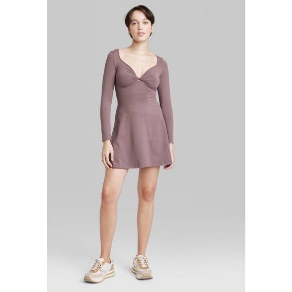Women's Long Sleeve Twist-Front Mini Knit Skater Dress - Wild Fable Chestnut M - Picture 1 of 8